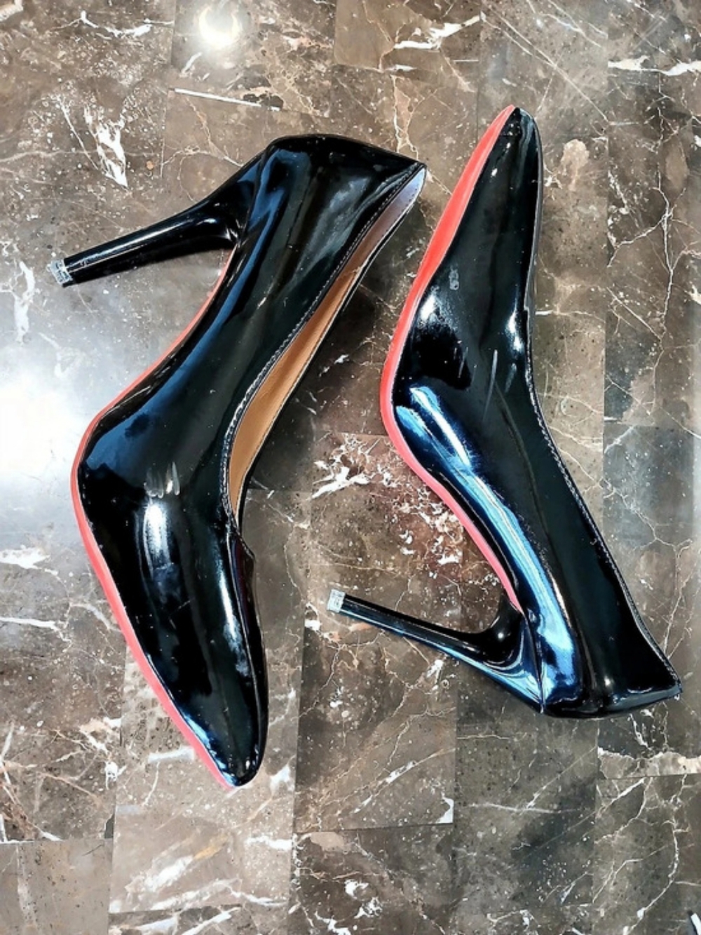 Black Patent Stiletto Heels with Red Sole